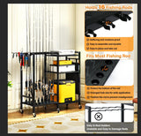 16-Rod Fishing Rod Holder for Garage, Fishing Pole Rack Cart Fit All Fishing Rods, 3 Tier Fishing Tackle Storage Organizer Rack TC-HOMENY