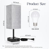 Bedside Table Lamps Set of 2 - Touch Nightstand Lamp for Bedroom with USB C+A Charging Ports & AC Outlets, 3-Way Dimmable Desk Lamp Grey Fabric Shade for Bedroom Living Room, Office(Bulb Included)