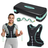 Step Aerobics Platform Set with Weighted Vest & Measuring Tape, Aerobic Steppers for Exercise at Home, Adjustable Height 2 Level Risers Workout Stepper with Non-Slip Surface, Green Black