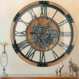 TOPPTIK 30 Inch Moving Gear Wall Clock, Oversized Wall Clocks, Clock Living Room Decor, Solid Wood Frame, Battery Operated, Large Wall Clock with Steampunk Industrial for Fireplace(Brown)