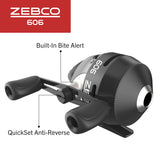 Zebco 606 Spincast Fishing Reel, Size 60 Reel, Right-Hand Retrieve, Pre-Spooled with 20-Pound Zebco Fishing Line, QuickSet Anti-Reverse and Dial-Adjustable Drag, Black, Clam Packaging