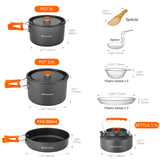15pcs Camping Cookware Non-Stick Lightweight Camping Pots and Pans Set with Kettle Plastic Plates Bowls Soup Spoon Odoland