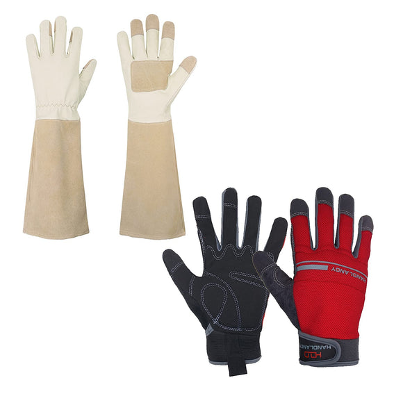 2 Pairs: Rose Pruning Long Gardening Gloves, Mechanic Working Touch Screen Yard Work Gloves for Men and Women - Beige, Red, Large