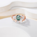 Ovel Moss Agate Engagement Ring set Engraving Text Moss Agate Wedding Ring Set Gold For birthday Promise ring Chirstomas (Rose gold)