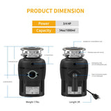 MAX DISPOSER Garbage Disposal 3/4 HP for Kitchen sink Quiet with Stopper Power Cord, Easy install, Continuous Feed Food Waste Disposer Stainless Steel Grind 0.75 Horsepower AC Motor Unit (MAX-4)