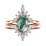 Oseew Custom Moss Agate Ring set Engraving Text Moss Agate promise Ring Set 10k gold Teardrop Moss Agate Stone