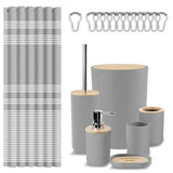 Britimes Bathroom Accessories Set, Grey Shower Curtain Set with Trash Can, Soap Dispenser, Toilet Brush Holder, Toothbrush Holder and Toothbrush Cup for Bathroom Decor