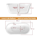 64" Free Standing Tub, Pure Acrylic Freestanding Bathtub, Stylish Stand Alone Contemporary Deep Soaking Bath Tub, cUPC Certified SY1265 (Glossy White)