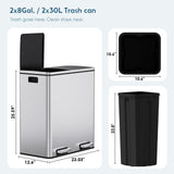 Dual Trash Can, 2 x 8 Gallon (2 x 30 L) Hands-Free Trash and Recycle Bin Combo