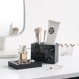 5-Piece Bathroom Counter Top Accessory Set - Dispenser for Liquid Soap or Lotion, Soap Dish, Toothbrush Holder and 2 Tumblers, Marble Pattern Resin (Ink Black)