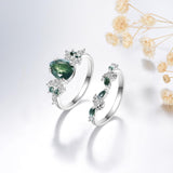 Oseew Natural Moss Agate Ring for Women 2CT Pear Cut 2 Pieces Engagement Ring Set 10K/14K/18K Solid Gold/Sterling Silver Wedding Vintage Leaf Bridal Promise Ring with Gift Box