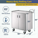 18" x 30" Stainless Steel Utility Cart with Enclosed Base and Locking Doors - Commercial NSF 3 Shelf Service Cart, Heavy-Duty Mobile Storage Cabinet for Kitchen, Catering, Restaurant Storage