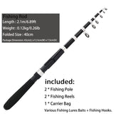 Fishing Pole Combo Set,2.1m/6.89ft 2PCS Collapsible Rods 2PCS Spinning Reels Mono Fishing line Come Setup Already！Lures Set Carrier Bag Freshwater Kit Fishing Rod Reel Combos ministoream ministoream