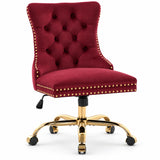 Wine Red Velvet Vanity Chair with Wheels, Armless Home Office Desk Chairs