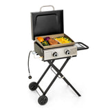 MFSTUDIO Small Portable Propane Griddle, 2 In 1 Gas BBQ Travel Grill with Foldable Stand, Compact and Light Countertop Grills with 2 Burners