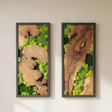 Set of 2 Wood and Moss Wall Art, Symmetrical Natural Greenery Decor for Living Room, Rustic Framed Forest Panels, Modern Organic Accent Pieces