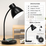 Vicsoon Desk Lamps for Home Office - LED Desk Lamp with Wireless Charger, 3 Color Modes Dimmable Eye-Caring Study Reading Desk Light, Small Flexible Arm Table Lamp for College Dorm Room Bedside, Black