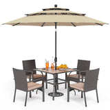 PHI VILLA 5pc Patio Dining Set with Umbrella, Square Table, Rattan Chairs