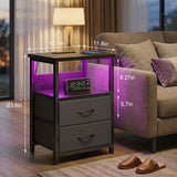 Fixwal Night Stand with Charging Station, LED Nightstand with U-S-B Ports and Outlets for Small Spaces, 2 Fabric Storage Drawers, Bedside Table End Tables Bedroom, Modern Black