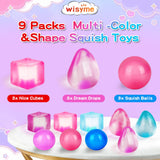 Mini Squishy Toys 9 Pack, Sensory Fidget Toy Variety Set with Cube, Ball & Drop Shapes, Soft Squeeze Stress Relief Toys, Slow Rising Squishies for Teens & Adults, Desk Toys, Party Favors Gifts