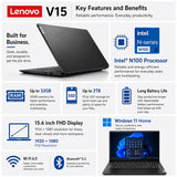 Lenovo V15 15.6" FHD Laptop, Intel 4-Cores N100, 32GB DDR5 1TB SSD, Win 11