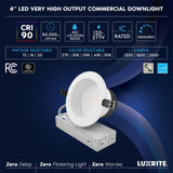 LUXRITE 4" Inch Commercial LED Recessed Light with J-Box, 5 CCT Options 2700K-5000K, 3 Wattages 12/16/20W, 0-10V TRIAC Dimmable, CRI90, 1200/1600/2000 Lumens, 120-277V, Wet Rated, IC Rated (6 Pack)