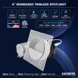 LUXRITE 4-Inch LED Trimless Recessed Spotlight with White Wall Washer Trim Replacement 25W, 2000LM, 2700K-5000K, 60° Beam Angle, Dimmable, Push-n-Lock, CRI90, Damp & IC Rated, ETL White (4 Pack)