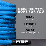 REP Battle Ropes - PolyDacron Battle Rope for Strength and Conditioning Workouts – 1.5" and 2" Diameter, 30ft, 40ft, 50ft Lengths with Optional Cover Sleeve (Blue With Sleeve, 2.0 x 30 ft)