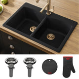 KRAUS Forteza 33-inch Drop in/Undermount 50/50 Double Bowl Granite Kitchen Sink in Black, KGD-52BLACK