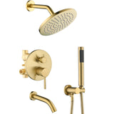 RF SUNUAN Shower System with Tub Spout, Gold Bathtub Shower Faucet Set, 8" Rain Shower Head and Handheld Spray Combo, Round Shower Head and Handle Set with Tub Spout (Valve Included), Brushed Gold