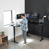 Height Adjustable 71 x 71 inch Curved Corner Stand Up Desk, Black Table Top, Black Frame, Memory Controller