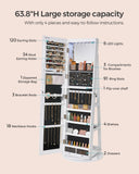 SONGMICS 6 LEDs Lockable Mirror Jewelry Cabinet, 360° Swivel Jewelry Organizer Armoire Standing, Frameless Full-Length Mirror, 3 Storage Shelves, White Surface, Black Lining UJJC007W01