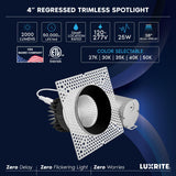 LUXRITE 4-Inch LED Trimless Recessed Spotlight with Black Reflector Trim Replacement 25W, 2000LM, 2700K-5000K, 38° Beam Angle, Dimmable, Push-n-Lock, CRI90, Damp & IC Rated, ETL White + Black (4 Pack)