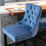 MOOLSUN Set of 4 Blue Velvet Bar Stools - Classic Fixed Height Design with Button Tufted Seat, Solid Wood Frame & Chrome Nailheads, Perfect for Standard Kitchen Island & Home Bar,Blue(Wood Leg)