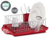 Classic Large Rust Resistant Full Dishrack with Removable 3 Compartment Flatware Caddy, Andlged Drain Board, 3-Piece, Red Farberware