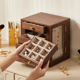 Homruilink Black Walnut Wooden Jewelry Box - 360° Rotating Jewelry Organizer for Women with 5 Drawers for Rings,Necklaces,Earrings and Bracelets -Large Storage Case - Mothers Day Gifts for Mom