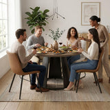 HIPIHOM 47.2” Round Dining Table Set for 4 Modern Wood Table with 4 Upholstered Leather Chairs, Metal Pedestal Base, Space-Saving Kitchen & Dining Furniture for Small Apartments and Compact Spaces