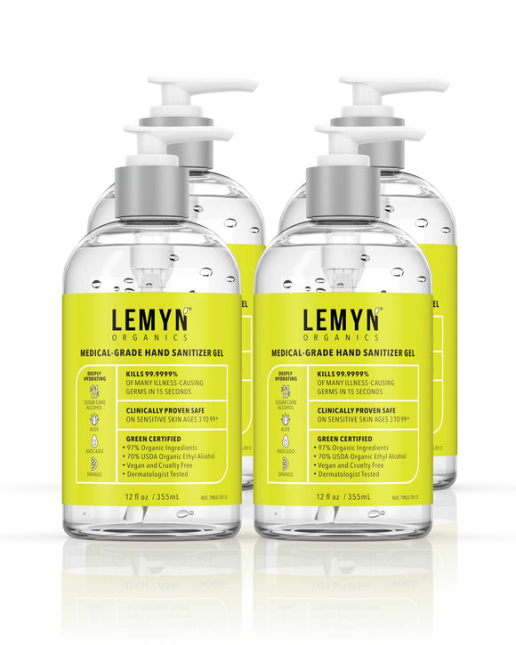 Lemyn Organics Medical Grade Hand Sanitizer Gel - 97% ORGANIC - 12 FL.OZ. (PACK OF 4) Lemyn Organics