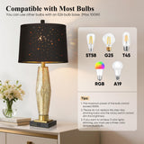 QiMH Glass Table Lamps for Bedroom Set of 2, Modern Beside Lamp with USB A+C Charging Ports, Nightstand Lamps for Living Room with Black Star Lampshade, Rotary Switches, Black Gold
