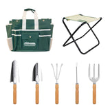 7-Piece Gardening Tool Set – Stainless Steel Tools with Wooden Handles, Folding Stool, and Canvas Tote Bag, Green and White