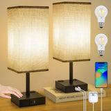 Bedside Table Lamps Set of 2 - Touch Nightstand Lamp for Bedroom with USB C+A Charging Ports & AC Outlets, 3-Way Dimmable Desk Lamp Grey Fabric Shade for Bedroom Living Room, Office(Bulb Included)