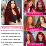 KRKRYQ 36 Inch 99J Burgundy 13x6 Lace Front Wigs Human Hair Red Burgundy Wig 200% Density Deep Wave Lace Front Wigs Human Hair Pre Plucked Glueless Deep Curly Wigs for Women
