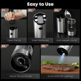 MaNhiBeiBei Electric Salt and Pepper Grinder Set One-hand Operated, Adjustable Coarseness, Stainless Steel body Ceramic Burrs,Pepper Shakers Mills with LED Light,House Warming Cooking Gift (2)