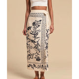 Talakeno Womens Floral Wrap Midi Skirt Summer Adjustable Tie Side Casual High Waist A Line Beach Boho Long Flared Skirts(Apricot-Large)