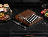 Piklohas Steak Knives Set of 8 with Drawer Organizer Built-in Sharpener, 4.6 Inch Non Serrated Dinner Knife, Forged German Steel Damascus Pattern Straight Edge Meat Knife with Full Tang Handle, Black