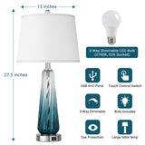 Glass Table Lamps for Living Room, Modern Bedside Lamps with USB A+C Ports, 3-Way Dimmable Touch Control Nightstand Lamp with White Linen Shade, 27.5" Large Lamps for Bedrooms Decor, Teal, 1 Pack