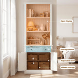 Foxemart 80" Tall Bookshelf with Drawer and Doors, Rustic White Bookcase