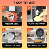POPFOODEX Belgian Waffle Maker, 110V Industrial Waffle Maker w/Non-Stick Coating and Adjustable Temperature (122-572°F), 1200W Rotary Commercial Waffle Machine