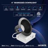 LUXRITE 4 Inch LED Recessed Ceiling Light with J-Box, CRI90, 12W, 5CCT Selectable 2700K-5000K, 960 Lumens, Dimmable Canless Downlight, Wet Rated, IC Rated, ETL Listed, Black Trim (12 Pack)