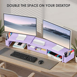 OPNICE Desk Organizers and Accessories, Dual Monitor Stand Riser with Drawer and 2 Pen Holders, Desk Shelf Computer Racks & Printer Stand for Office Workspace Organizers, Desktop Organization (Purple)
